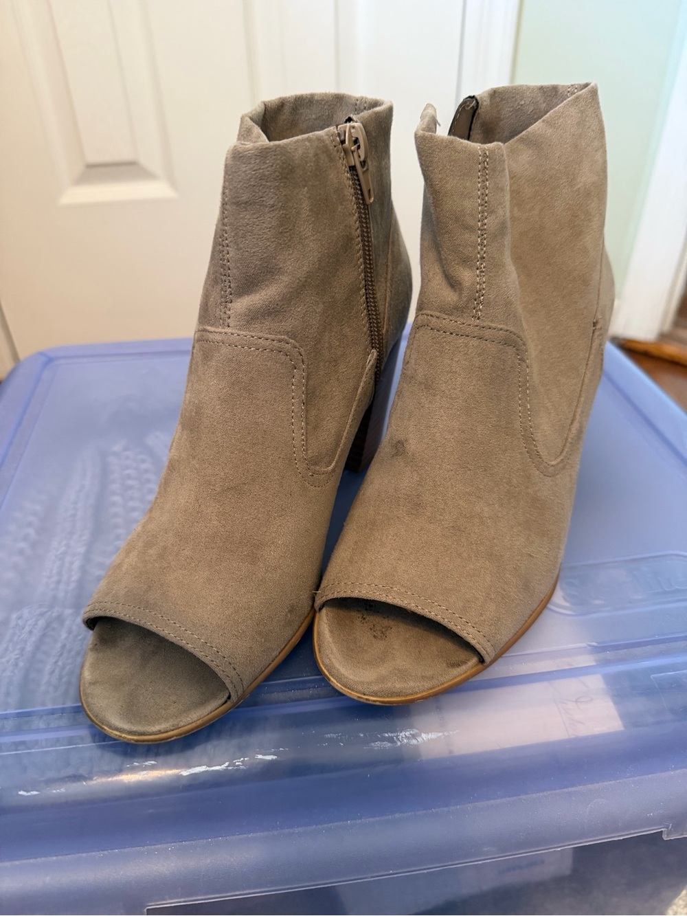 Fergalicious Suede Peep-Toe Ankle Boots - Taupe